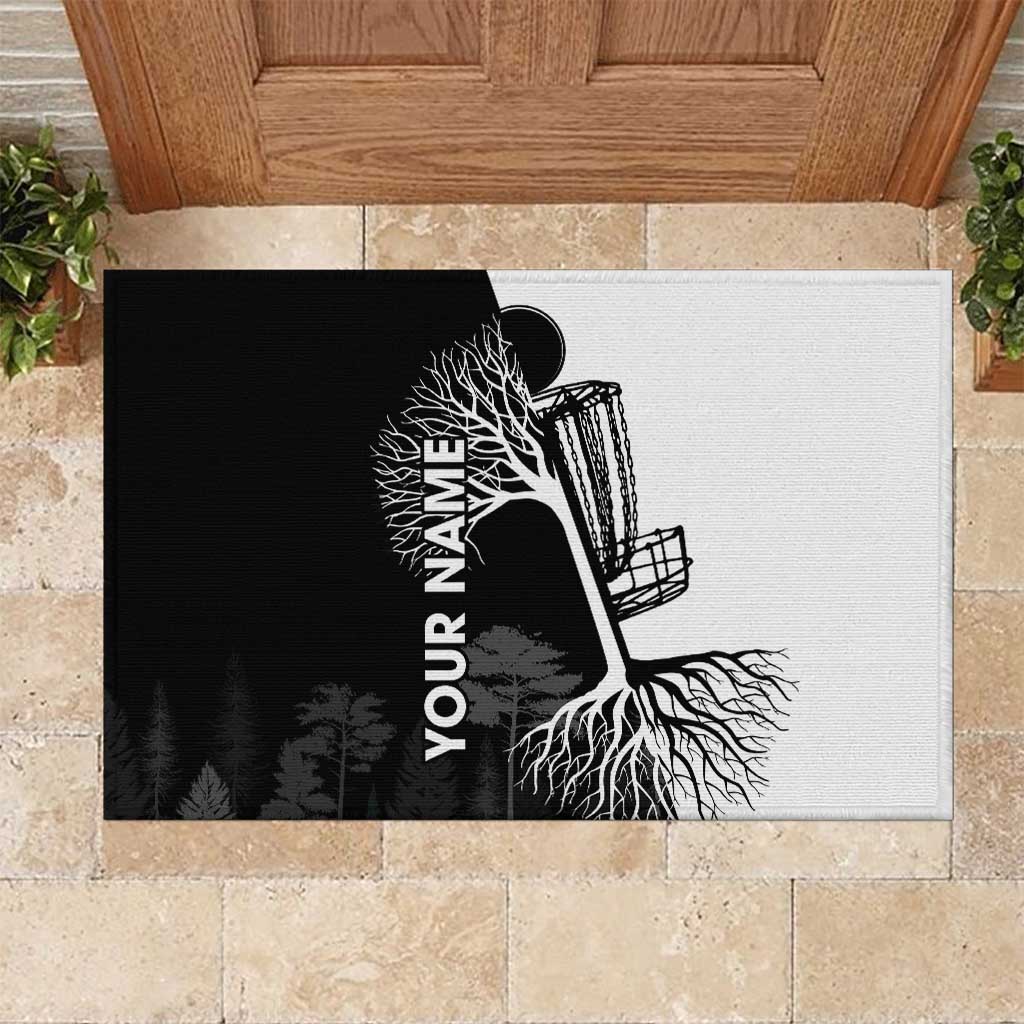 Black and White Disc Golf Tree Graphic Rubber Doormat with Roots Silhouette and Custom Name Design - Wonder Print Shop