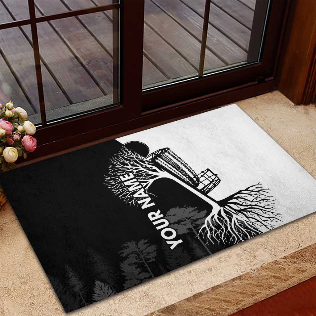 Black and White Disc Golf Tree Graphic Rubber Doormat with Roots Silhouette and Custom Name Design - Wonder Print Shop