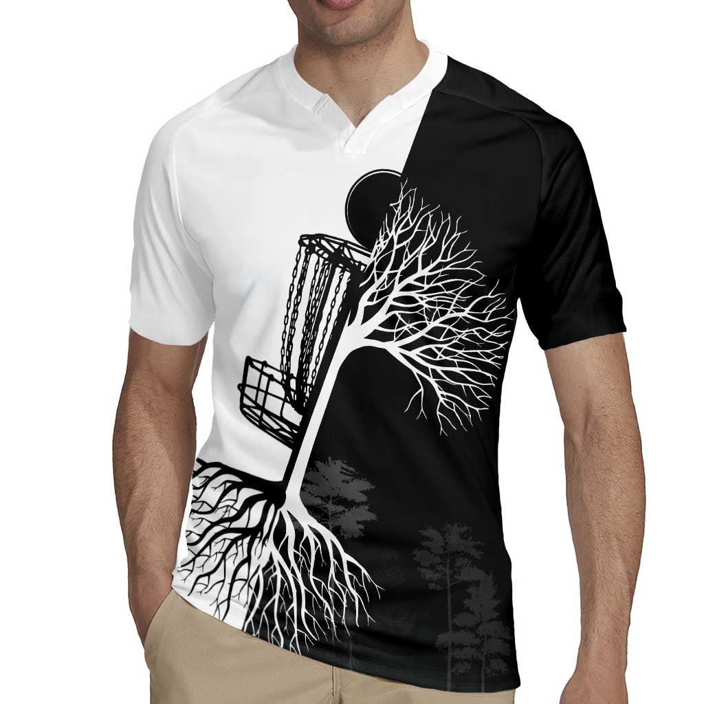 Black and White Disc Golf Tree Graphic Rugby Jersey with Roots Silhouette and Custom Name Design - Wonder Print Shop