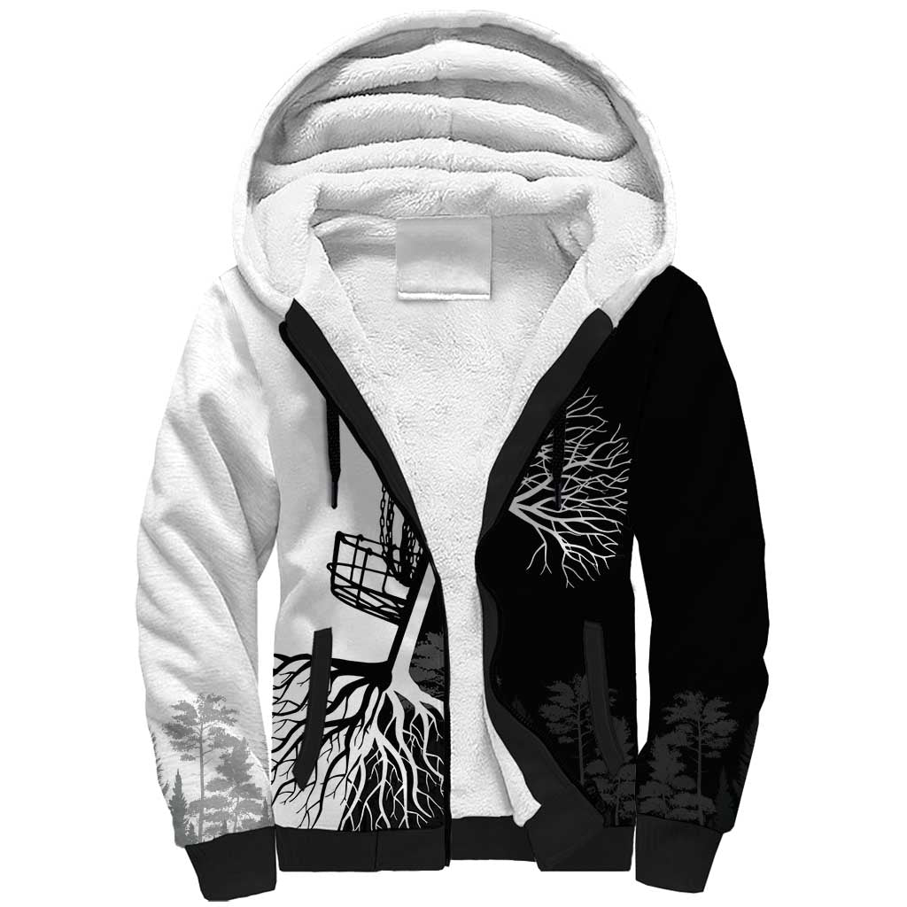 Black and White Disc Golf Tree Graphic Sherpa Hoodie with Roots Silhouette and Custom Name Design - Wonder Print Shop