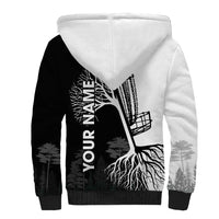 Black and White Disc Golf Tree Graphic Sherpa Hoodie with Roots Silhouette and Custom Name Design - Wonder Print Shop