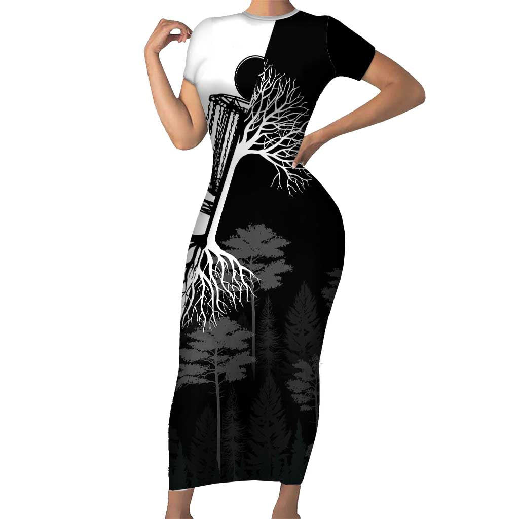 Black and White Disc Golf Tree Graphic Short Sleeve Bodycon Dress with Roots Silhouette and Custom Name Design - Wonder Print Shop