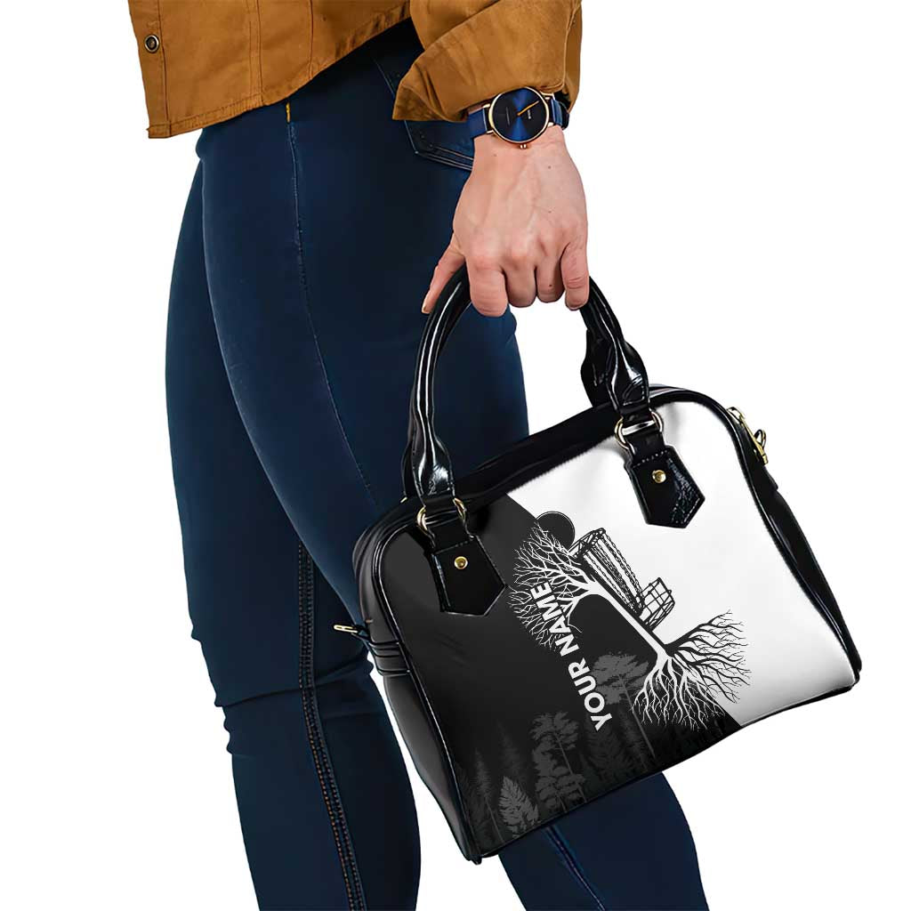 Black and White Disc Golf Tree Graphic Shoulder Handbag with Roots Silhouette and Custom Name Design - Wonder Print Shop