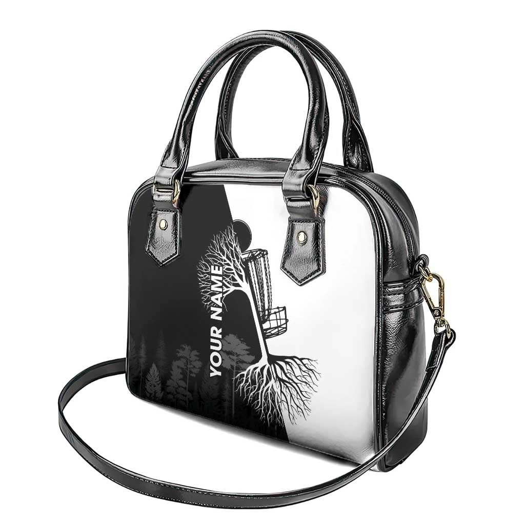 Black and White Disc Golf Tree Graphic Shoulder Handbag with Roots Silhouette and Custom Name Design - Wonder Print Shop