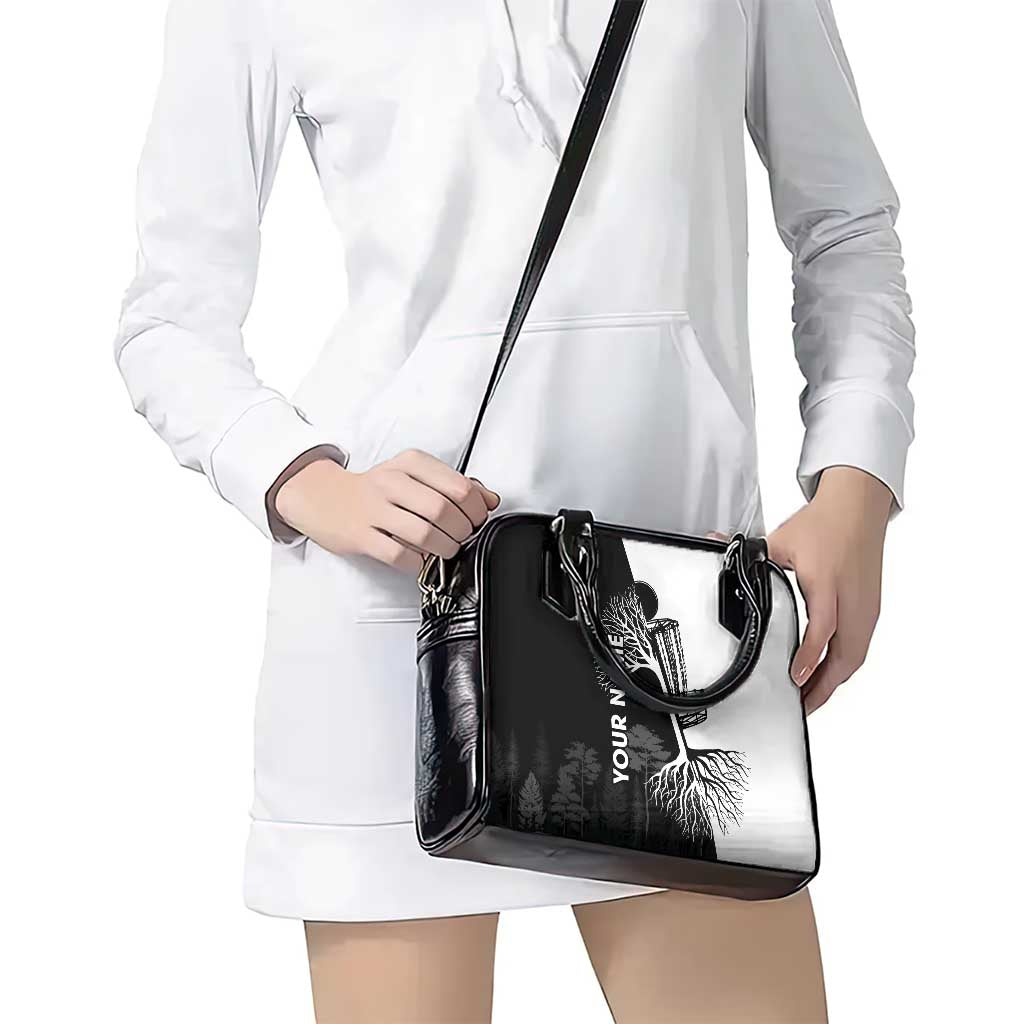 Black and White Disc Golf Tree Graphic Shoulder Handbag with Roots Silhouette and Custom Name Design - Wonder Print Shop