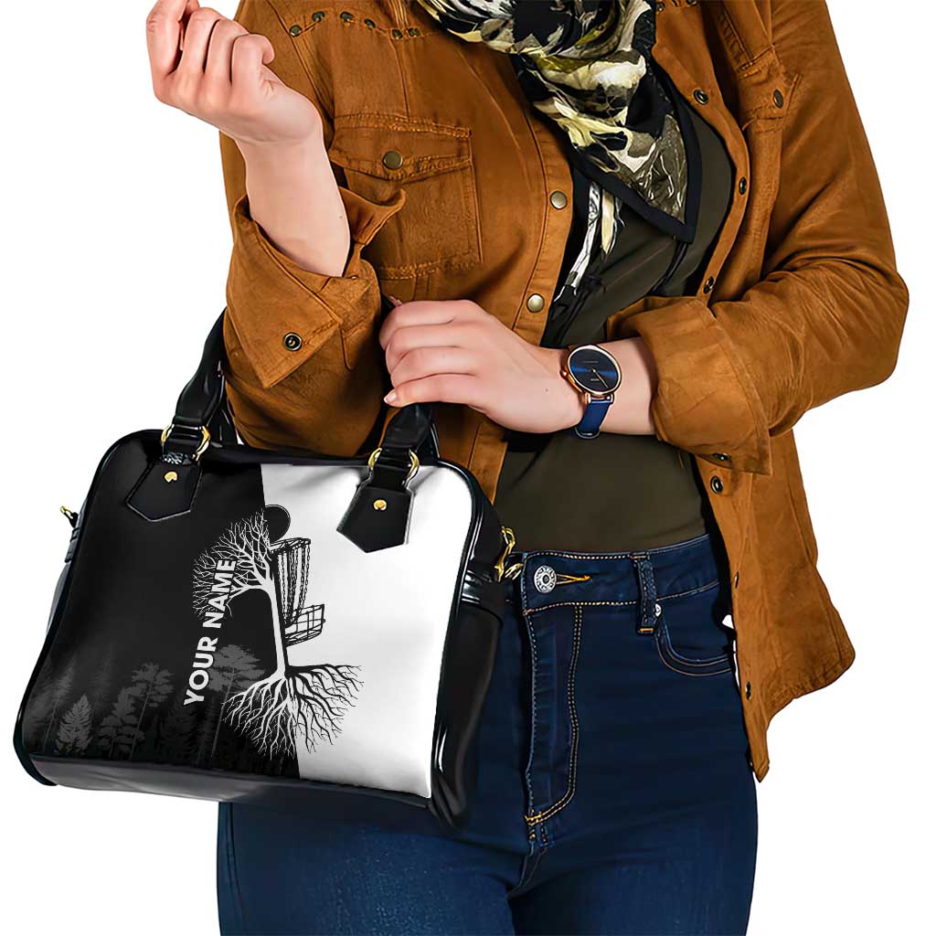 Black and White Disc Golf Tree Graphic Shoulder Handbag with Roots Silhouette and Custom Name Design - Wonder Print Shop