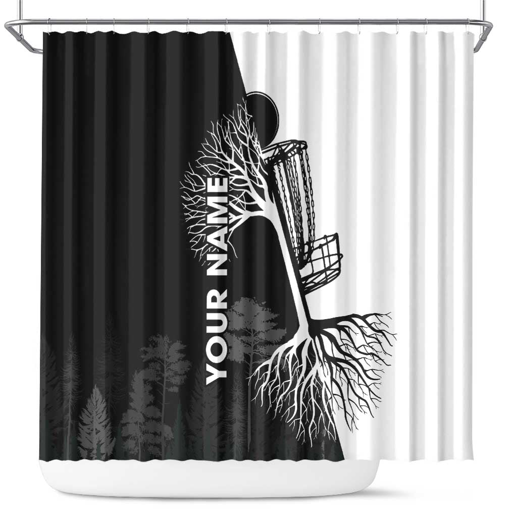 Black and White Disc Golf Tree Graphic Shower Curtain with Roots Silhouette and Custom Name Design - Wonder Print Shop