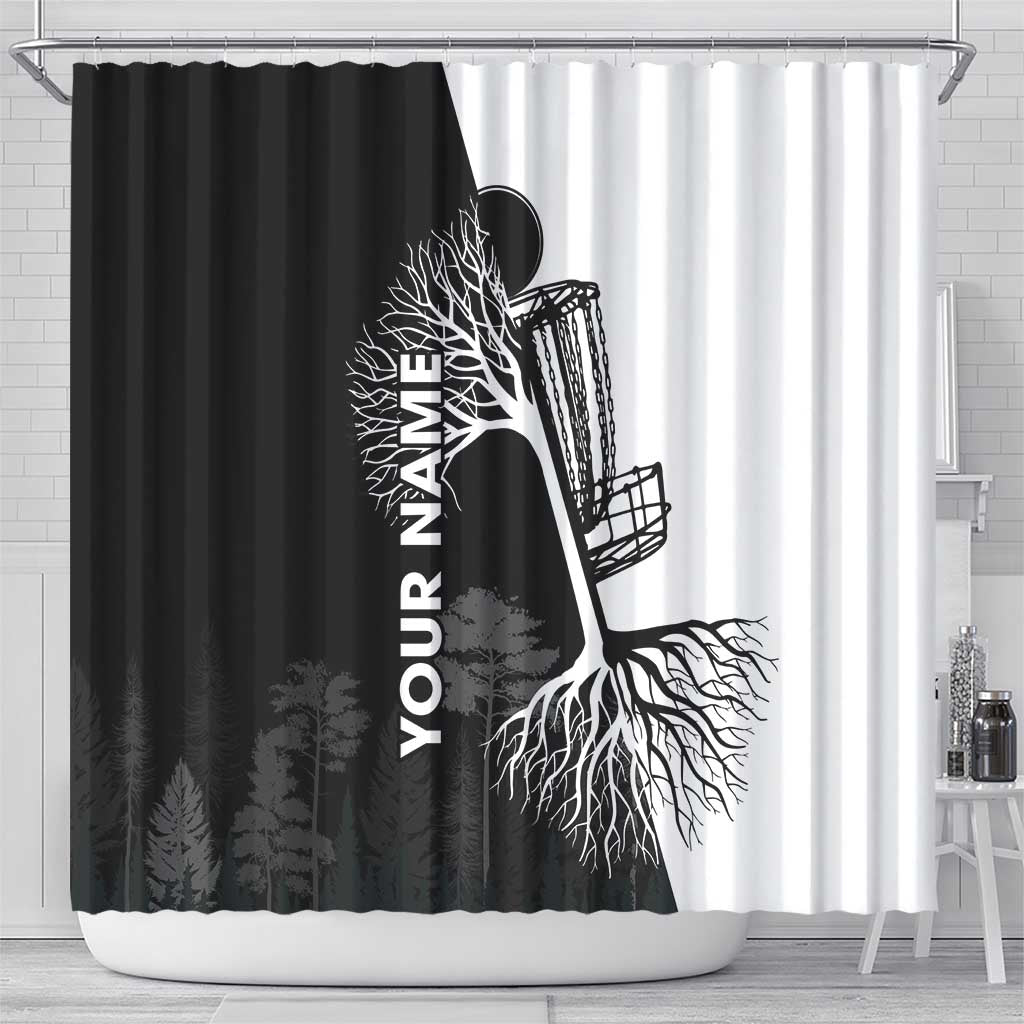 Black and White Disc Golf Tree Graphic Shower Curtain with Roots Silhouette and Custom Name Design - Wonder Print Shop