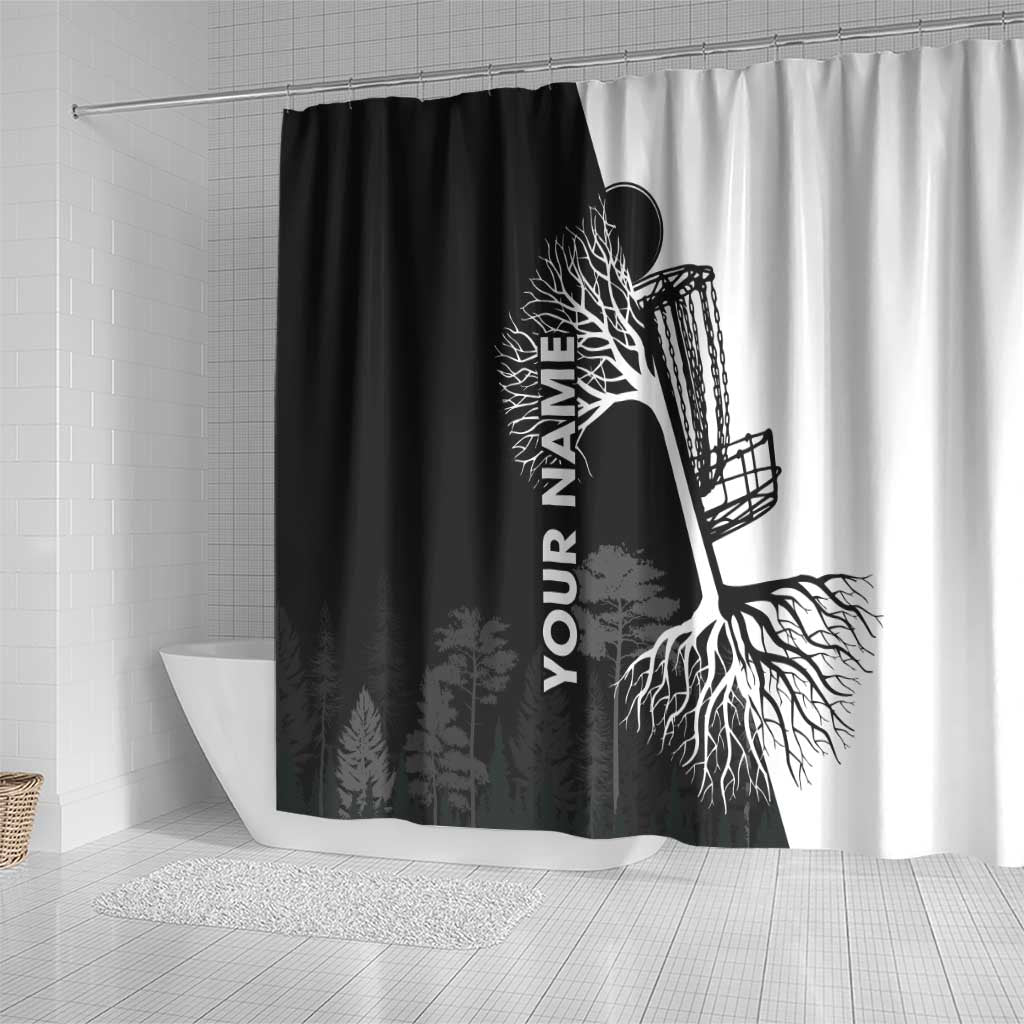 Black and White Disc Golf Tree Graphic Shower Curtain with Roots Silhouette and Custom Name Design - Wonder Print Shop