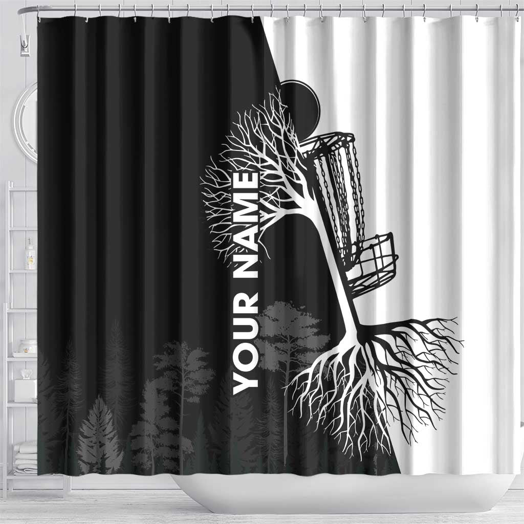 Black and White Disc Golf Tree Graphic Shower Curtain with Roots Silhouette and Custom Name Design - Wonder Print Shop