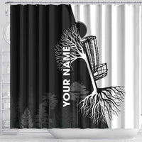 Black and White Disc Golf Tree Graphic Shower Curtain with Roots Silhouette and Custom Name Design - Wonder Print Shop