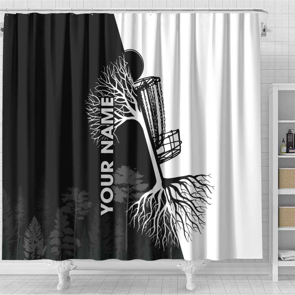 Black and White Disc Golf Tree Graphic Shower Curtain with Roots Silhouette and Custom Name Design - Wonder Print Shop