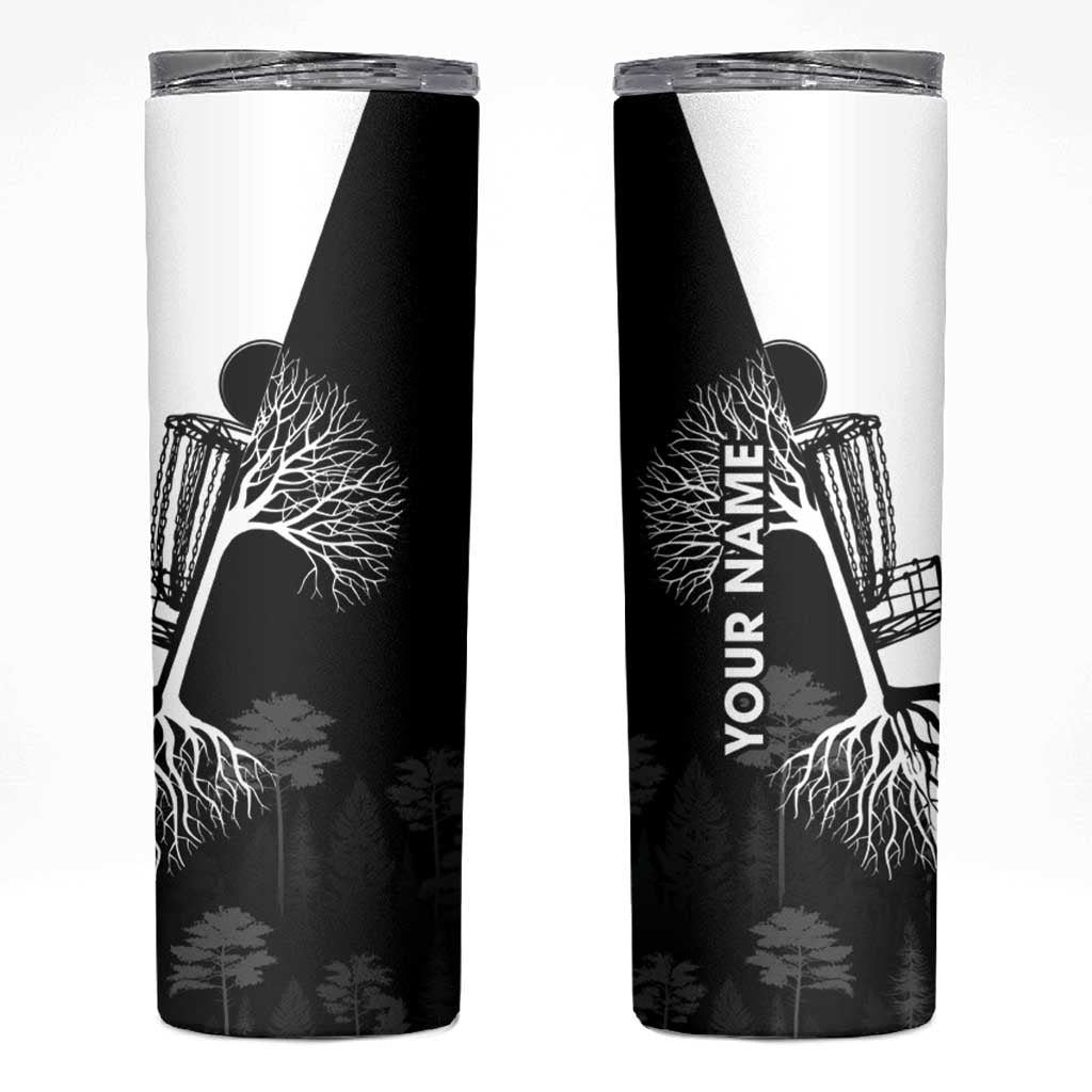 Black and White Disc Golf Tree Graphic Skinny Tumbler with Roots Silhouette and Custom Name Design - Wonder Print Shop