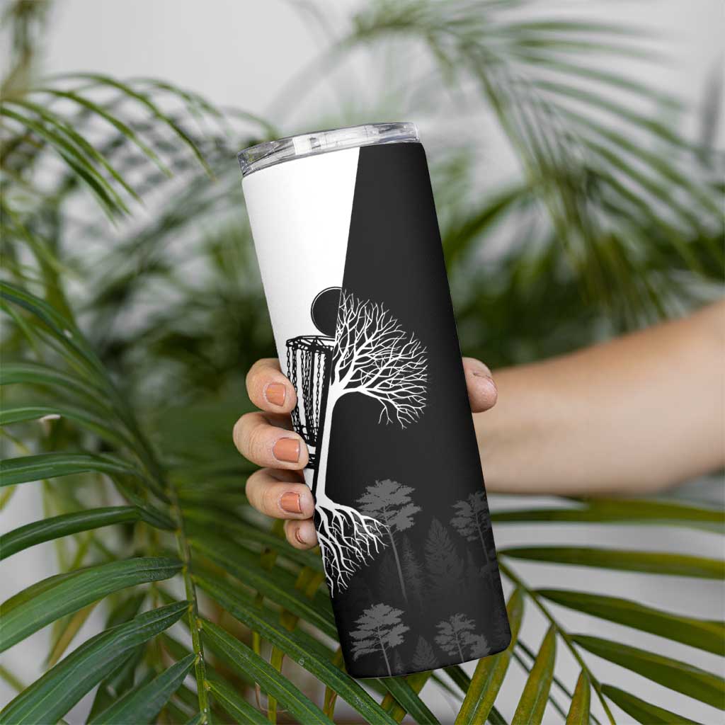 Black and White Disc Golf Tree Graphic Skinny Tumbler with Roots Silhouette and Custom Name Design - Wonder Print Shop