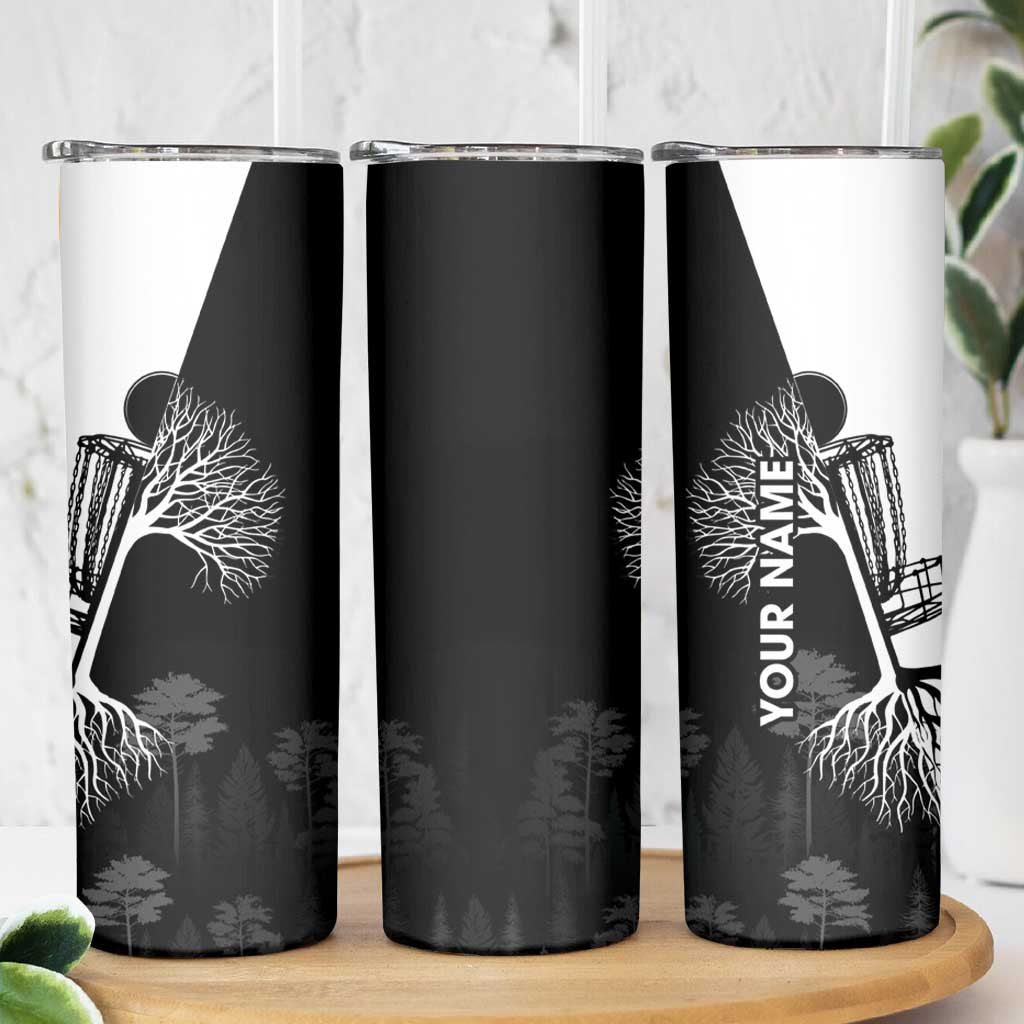 Black and White Disc Golf Tree Graphic Skinny Tumbler with Roots Silhouette and Custom Name Design - Wonder Print Shop