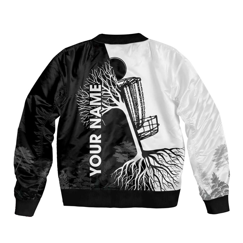 Black and White Disc Golf Tree Graphic Sleeve Zip Bomber Jacket with Roots Silhouette and Custom Name Design - Wonder Print Shop