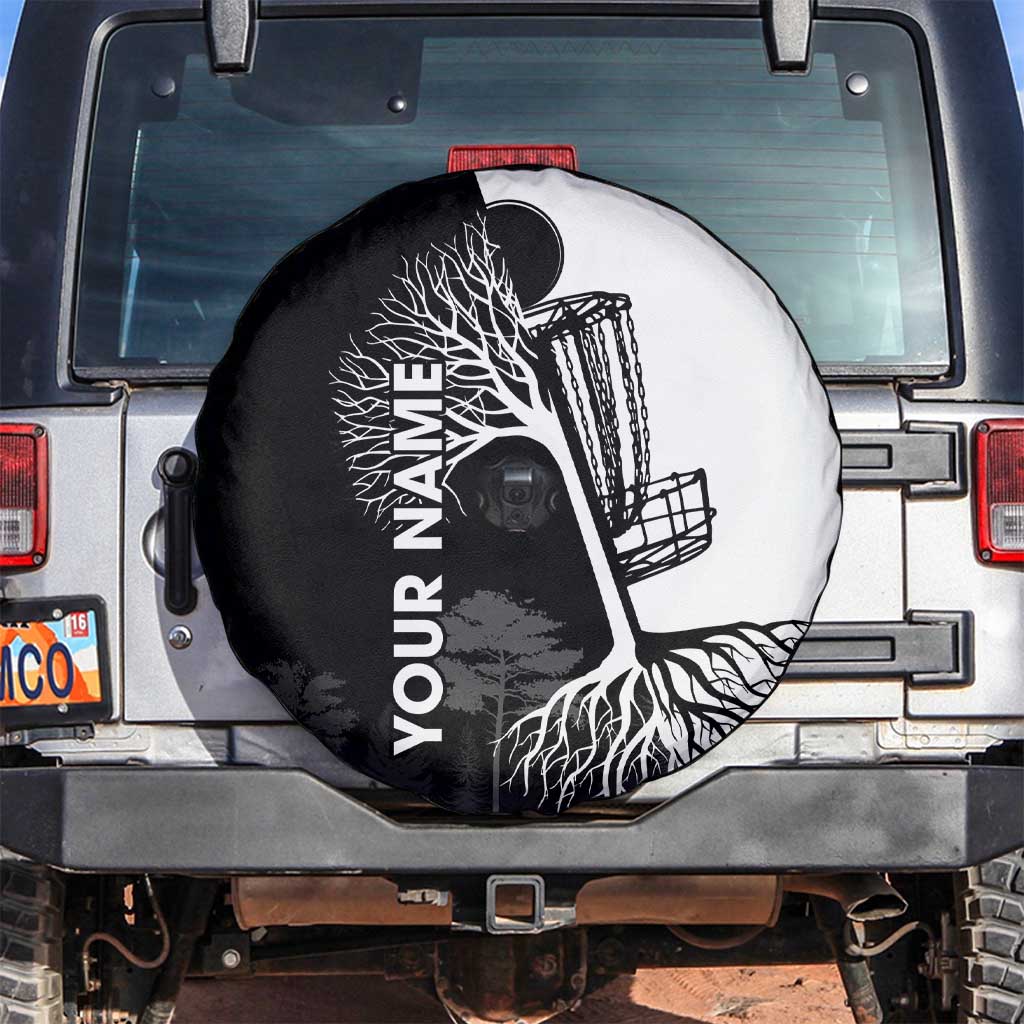 Black and White Disc Golf Tree Graphic Spare Tire Cover with Roots Silhouette and Custom Name Design - Wonder Print Shop