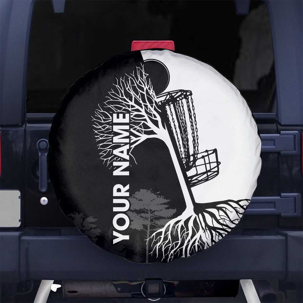 Black and White Disc Golf Tree Graphic Spare Tire Cover with Roots Silhouette and Custom Name Design - Wonder Print Shop
