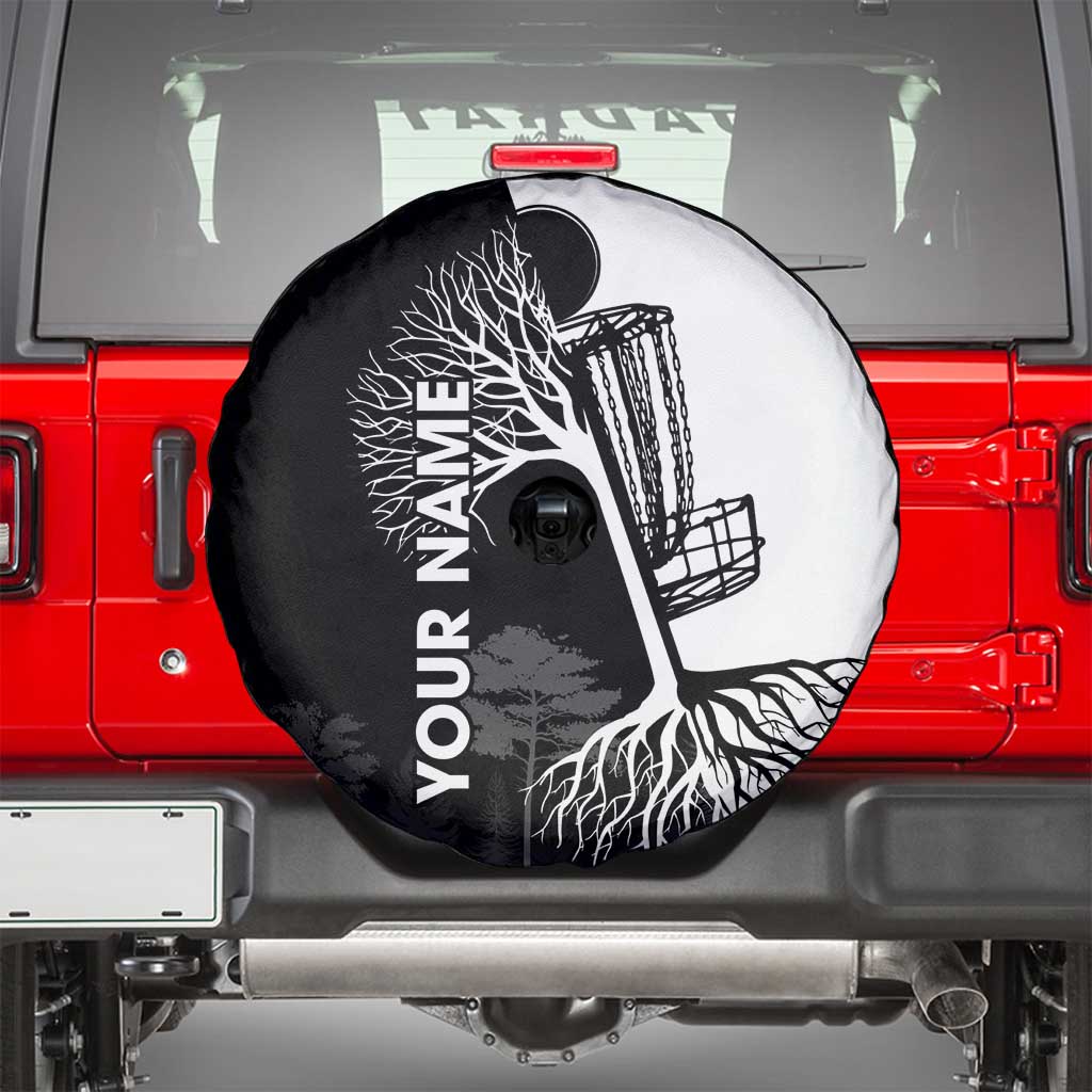 Black and White Disc Golf Tree Graphic Spare Tire Cover with Roots Silhouette and Custom Name Design - Wonder Print Shop