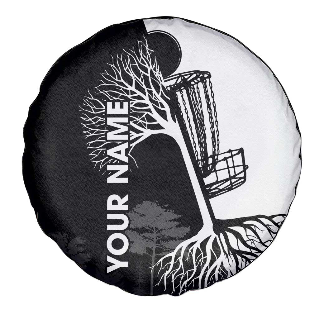 Black and White Disc Golf Tree Graphic Spare Tire Cover with Roots Silhouette and Custom Name Design - Wonder Print Shop
