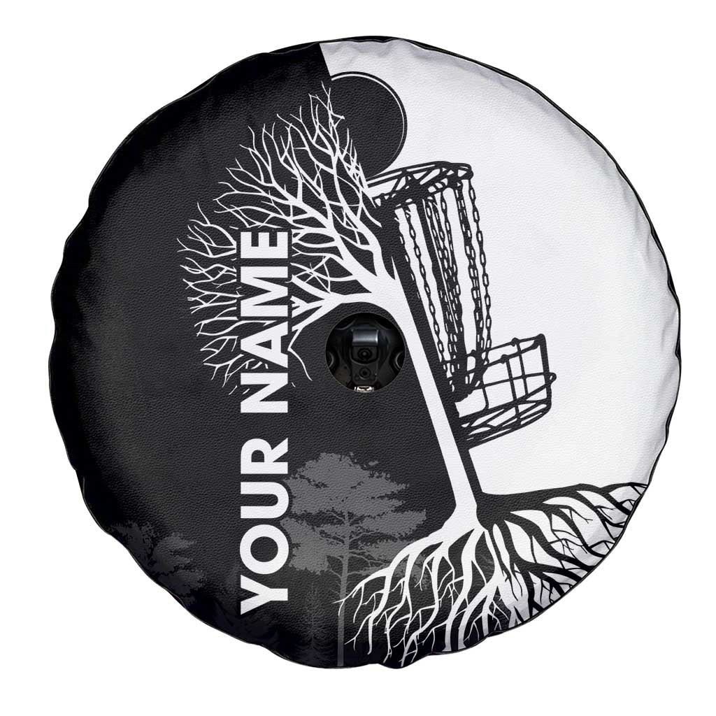 Black and White Disc Golf Tree Graphic Spare Tire Cover with Roots Silhouette and Custom Name Design - Wonder Print Shop