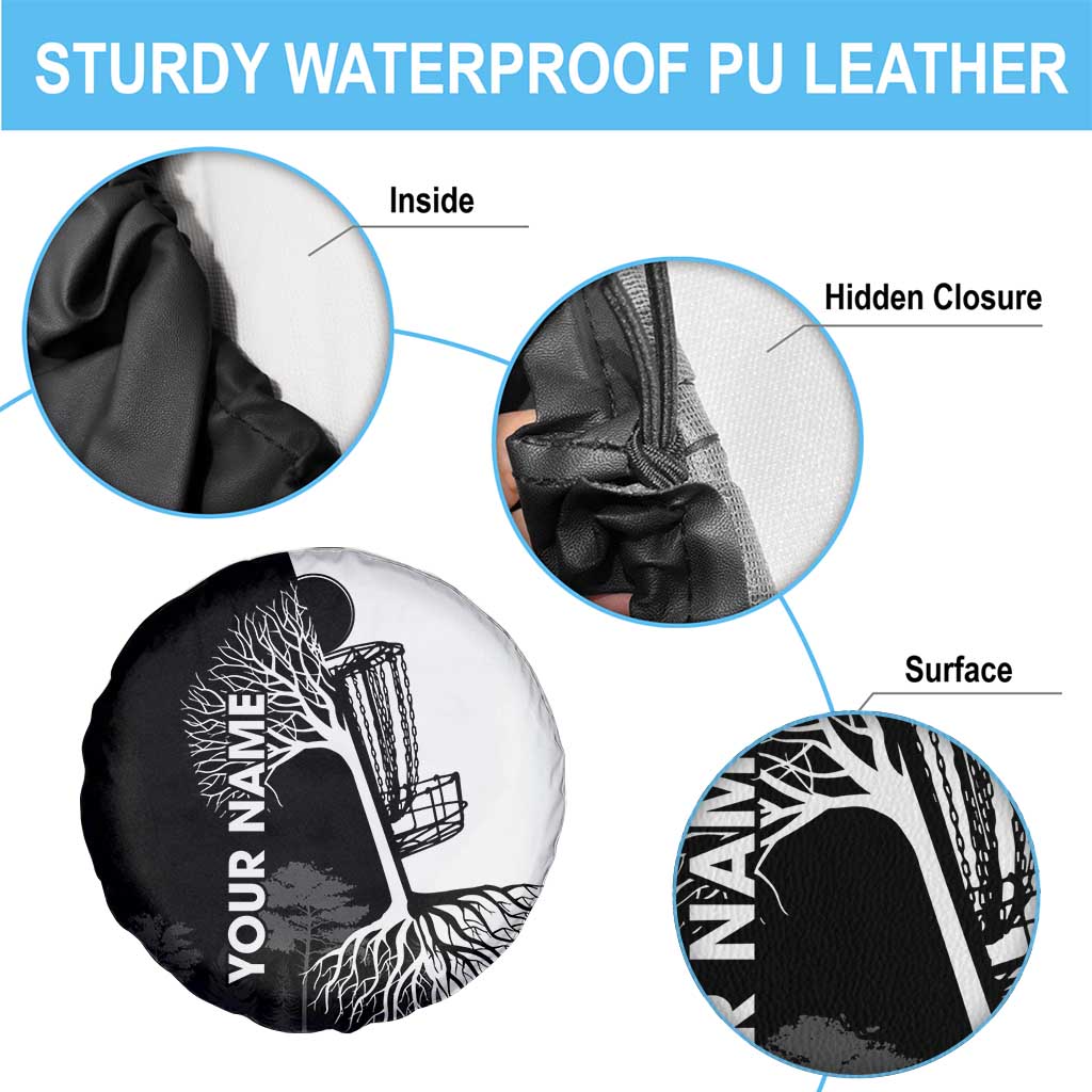 Black and White Disc Golf Tree Graphic Spare Tire Cover with Roots Silhouette and Custom Name Design - Wonder Print Shop