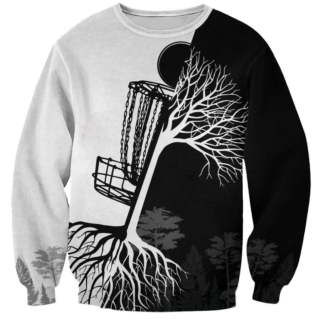 Black and White Disc Golf Tree Graphic Sweatshirt with Roots Silhouette and Custom Name Design - Wonder Print Shop