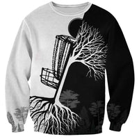 Black and White Disc Golf Tree Graphic Sweatshirt with Roots Silhouette and Custom Name Design - Wonder Print Shop