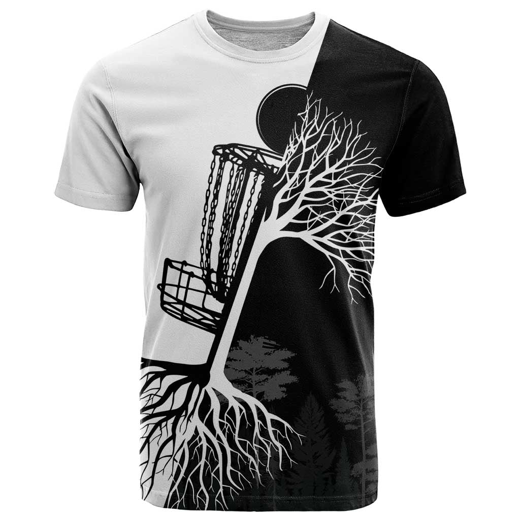 Black and White Disc Golf Tree Graphic T Shirt with Roots Silhouette and Custom Name Design - Wonder Print Shop