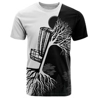 Black and White Disc Golf Tree Graphic T Shirt with Roots Silhouette and Custom Name Design - Wonder Print Shop