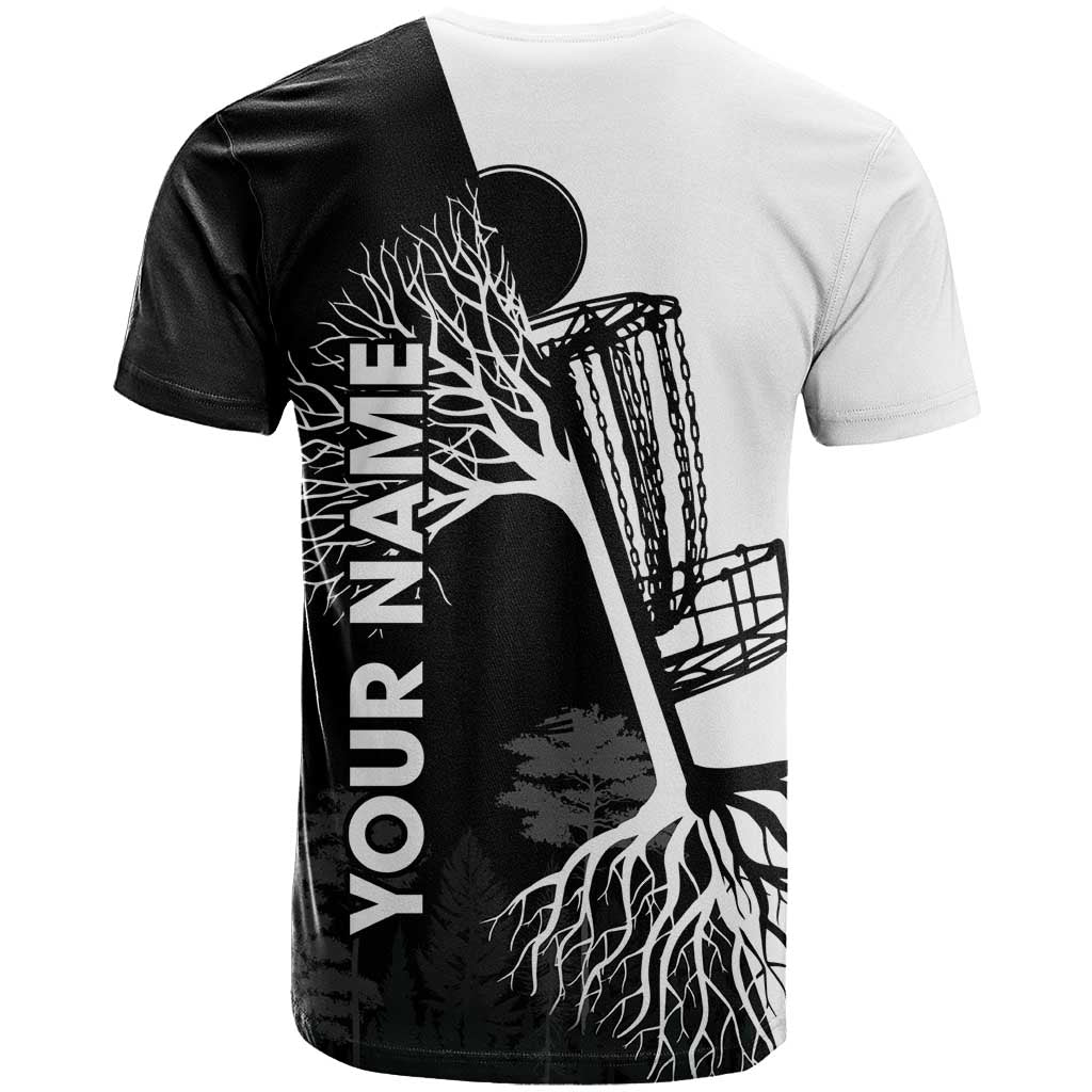 Black and White Disc Golf Tree Graphic T Shirt with Roots Silhouette and Custom Name Design - Wonder Print Shop