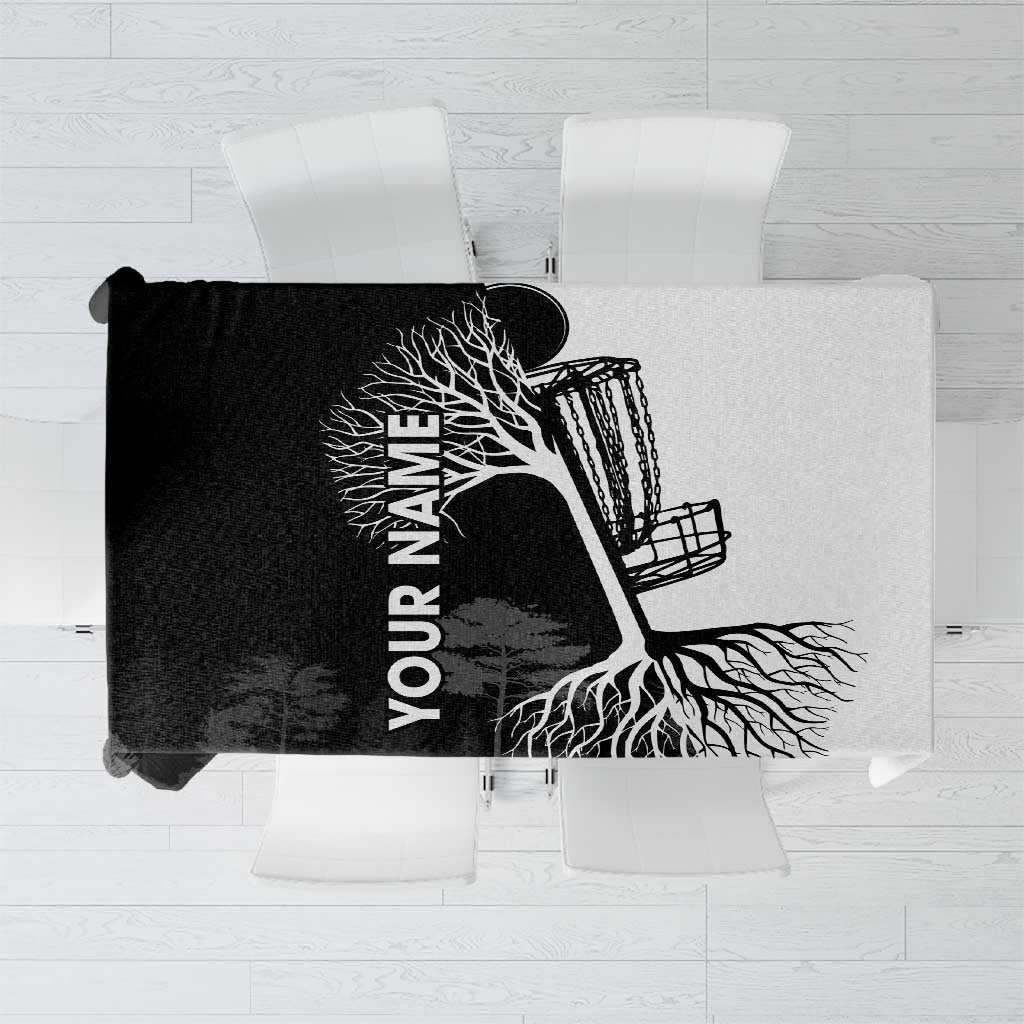 Black and White Disc Golf Tree Graphic Tablecloth with Roots Silhouette and Custom Name Design - Wonder Print Shop