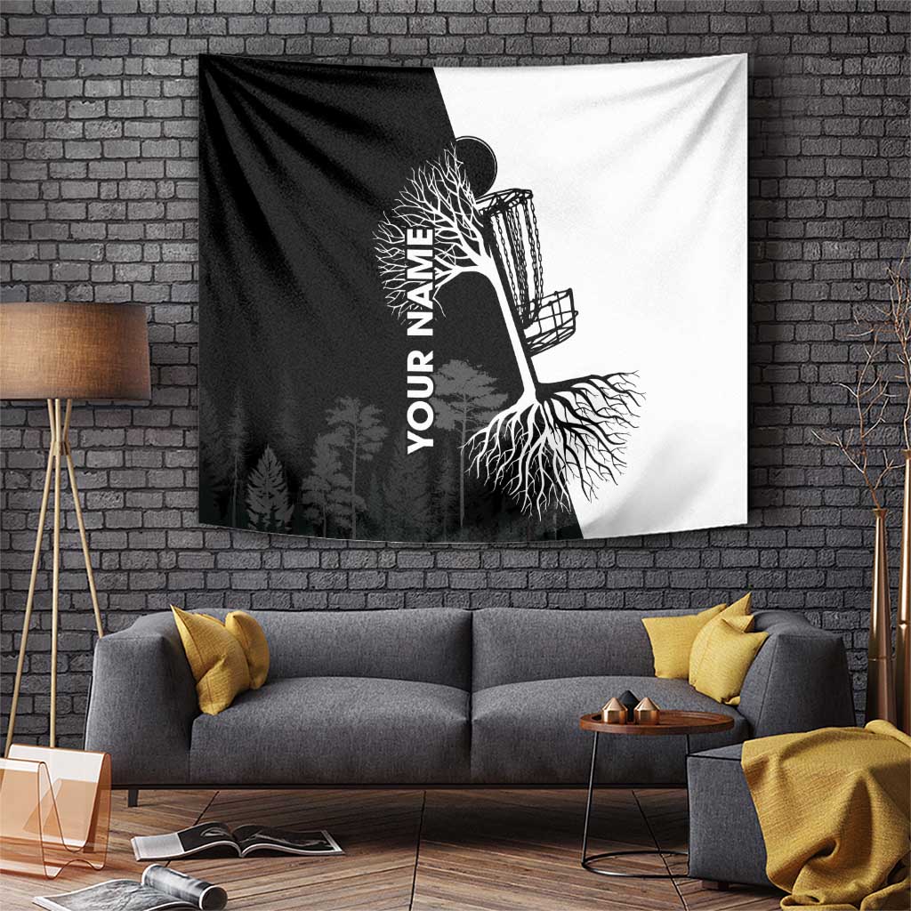 Black and White Disc Golf Tree Graphic Tapestry with Roots Silhouette and Custom Name Design - Wonder Print Shop