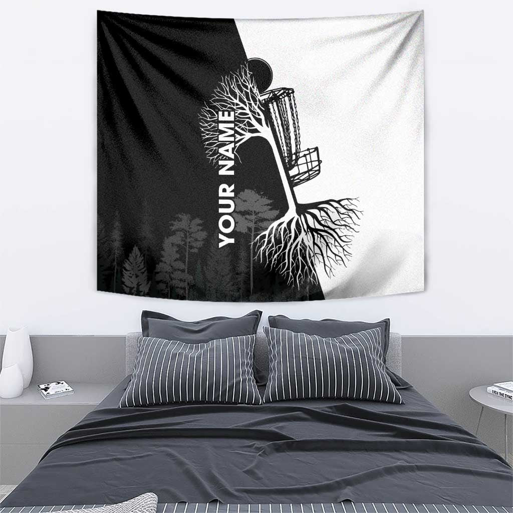 Black and White Disc Golf Tree Graphic Tapestry with Roots Silhouette and Custom Name Design - Wonder Print Shop