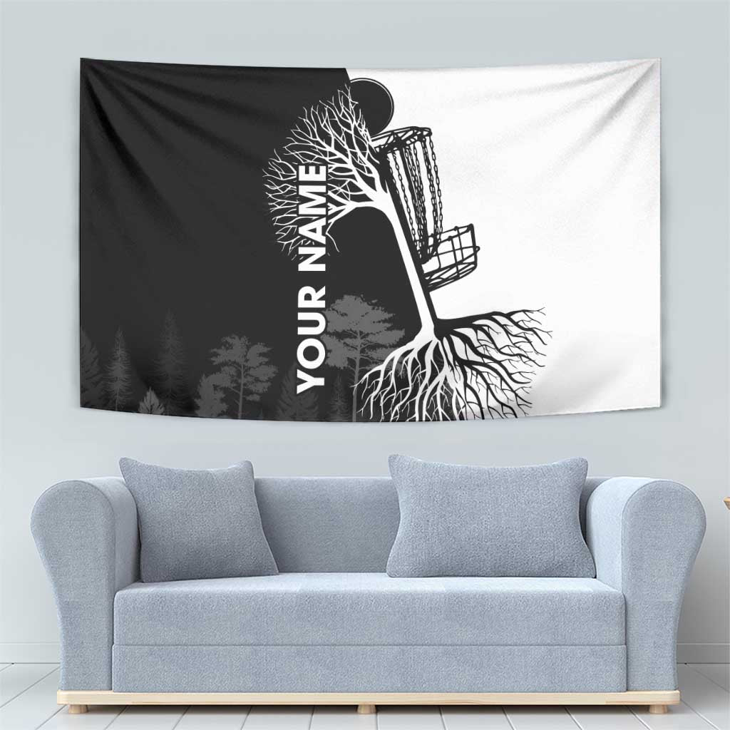 Black and White Disc Golf Tree Graphic Tapestry with Roots Silhouette and Custom Name Design - Wonder Print Shop