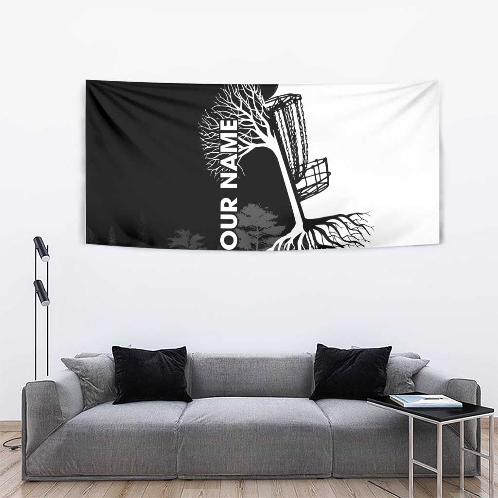 Black and White Disc Golf Tree Graphic Tapestry with Roots Silhouette and Custom Name Design - Wonder Print Shop