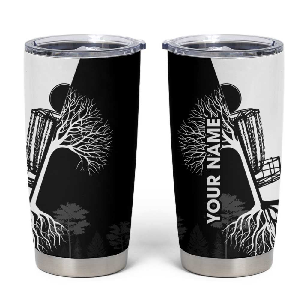 Black and White Disc Golf Tree Graphic Tumbler Cup with Roots Silhouette and Custom Name Design - Wonder Print Shop
