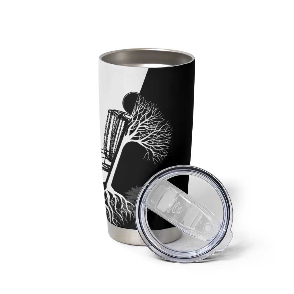 Black and White Disc Golf Tree Graphic Tumbler Cup with Roots Silhouette and Custom Name Design - Wonder Print Shop