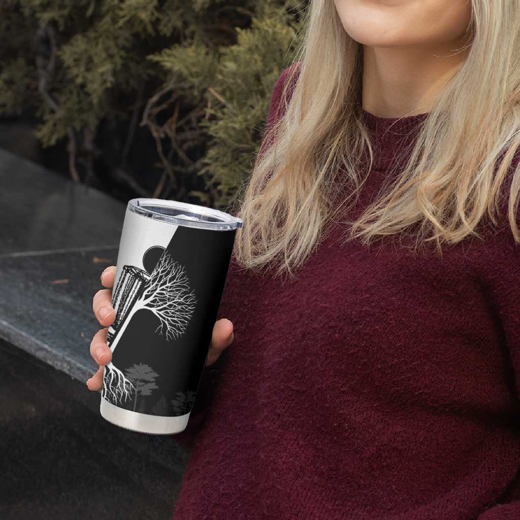 Black and White Disc Golf Tree Graphic Tumbler Cup with Roots Silhouette and Custom Name Design - Wonder Print Shop