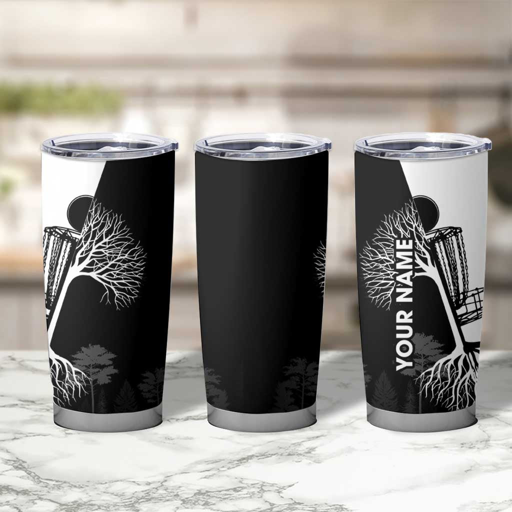 Black and White Disc Golf Tree Graphic Tumbler Cup with Roots Silhouette and Custom Name Design - Wonder Print Shop
