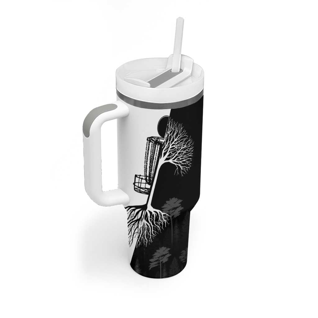 Black and White Disc Golf Tree Graphic Tumbler With Handle with Roots Silhouette and Custom Name Design - Wonder Print Shop