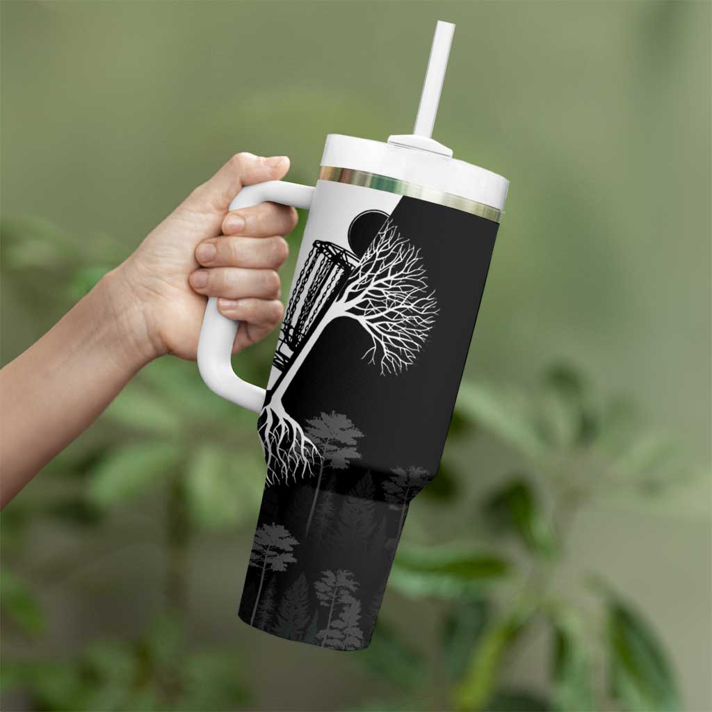 Black and White Disc Golf Tree Graphic Tumbler With Handle with Roots Silhouette and Custom Name Design - Wonder Print Shop