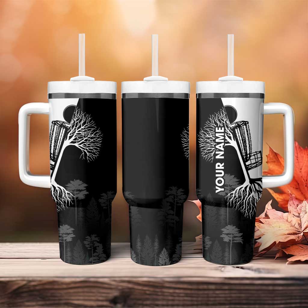 Black and White Disc Golf Tree Graphic Tumbler With Handle with Roots Silhouette and Custom Name Design - Wonder Print Shop