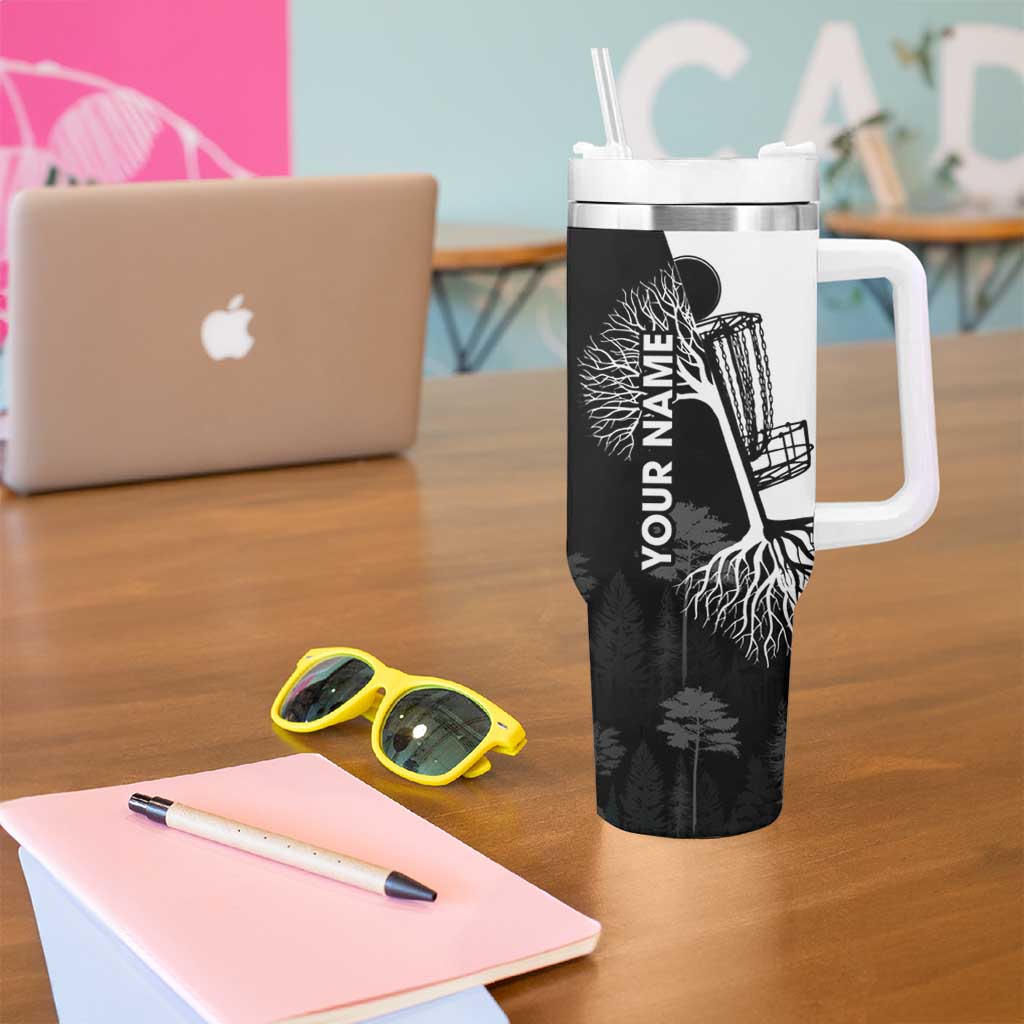 Black and White Disc Golf Tree Graphic Tumbler With Handle with Roots Silhouette and Custom Name Design - Wonder Print Shop
