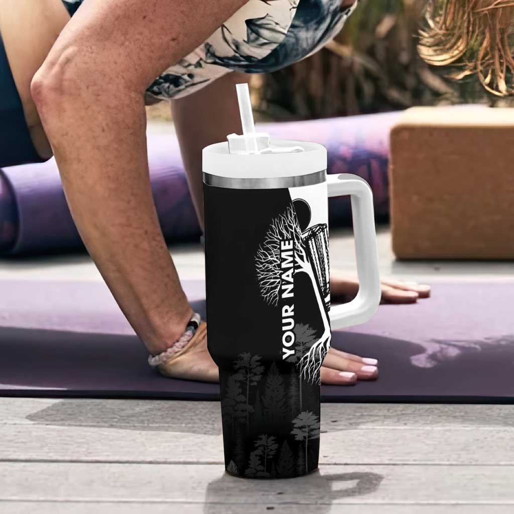 Black and White Disc Golf Tree Graphic Tumbler With Handle with Roots Silhouette and Custom Name Design - Wonder Print Shop