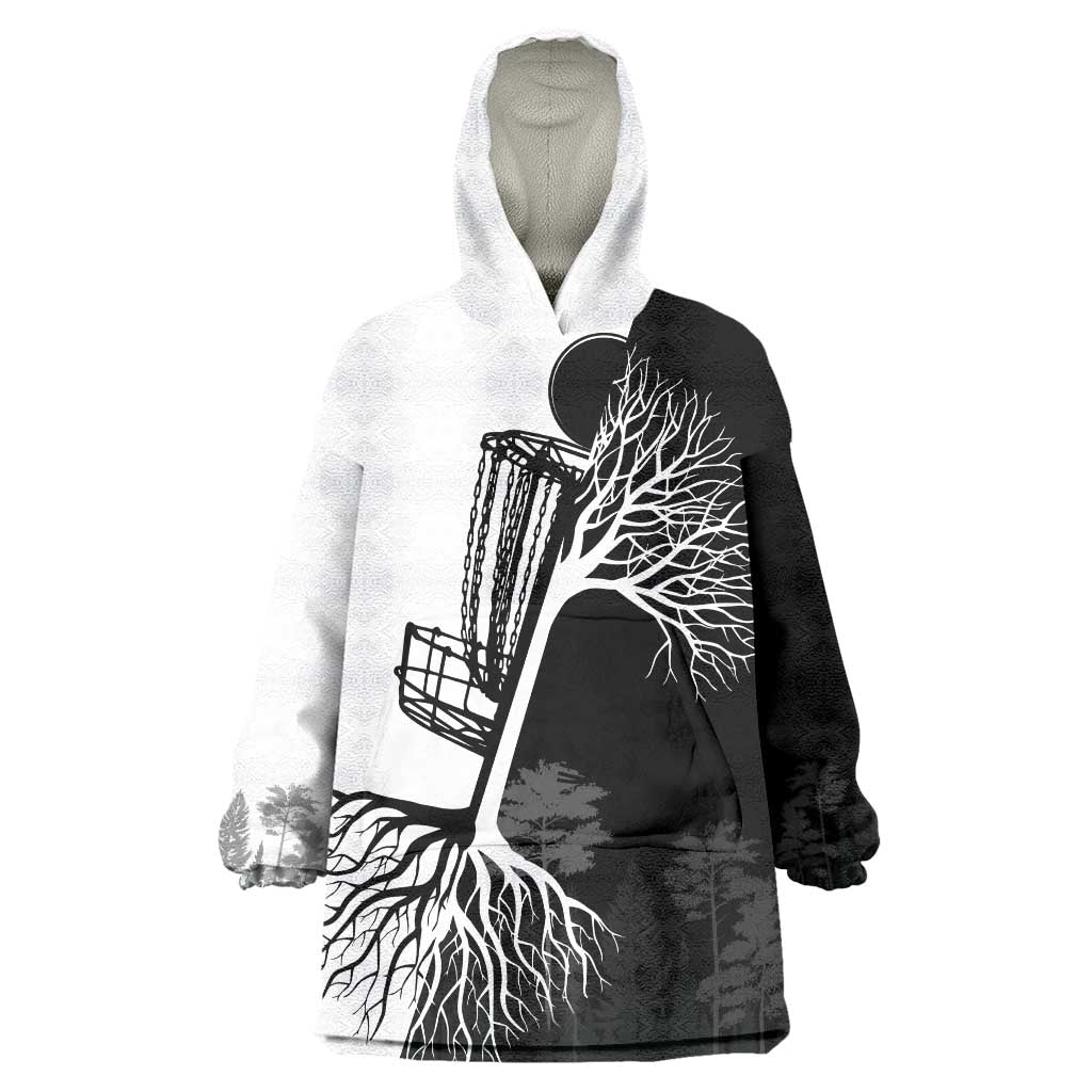 Black and White Disc Golf Tree Graphic Wearable Blanket Hoodie with Roots Silhouette and Custom Name Design - Wonder Print Shop