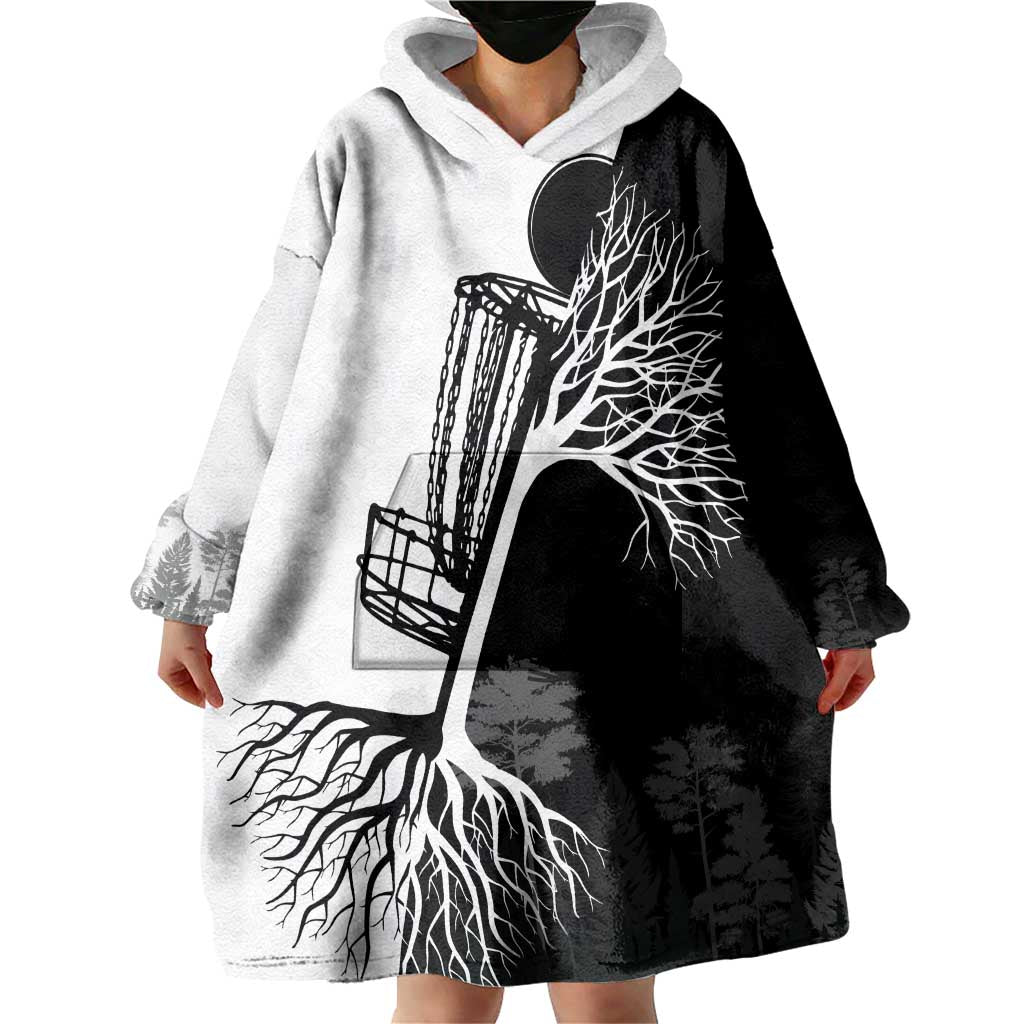 Black and White Disc Golf Tree Graphic Wearable Blanket Hoodie with Roots Silhouette and Custom Name Design - Wonder Print Shop