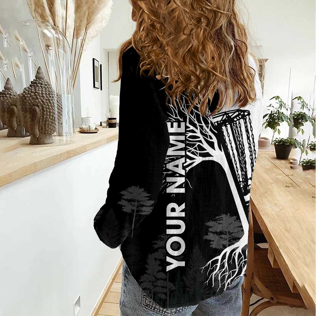 Black and White Disc Golf Tree Graphic Women Casual Shirt with Roots Silhouette and Custom Name Design - Wonder Print Shop