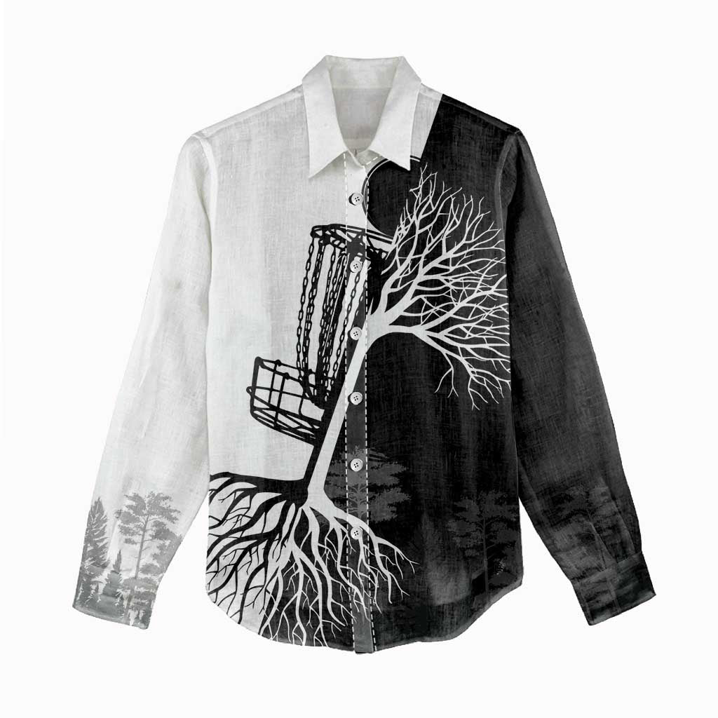 Black and White Disc Golf Tree Graphic Women Casual Shirt with Roots Silhouette and Custom Name Design - Wonder Print Shop