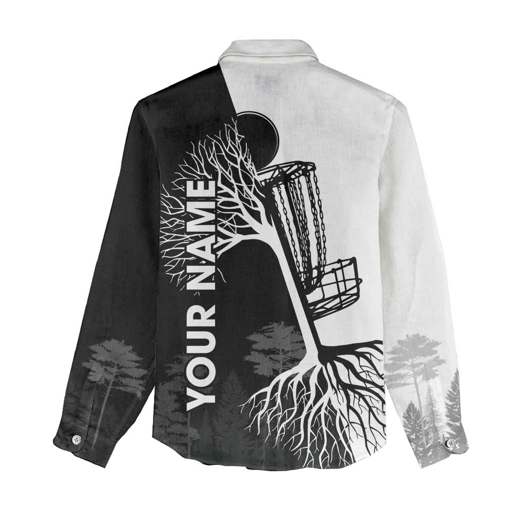 Black and White Disc Golf Tree Graphic Women Casual Shirt with Roots Silhouette and Custom Name Design - Wonder Print Shop